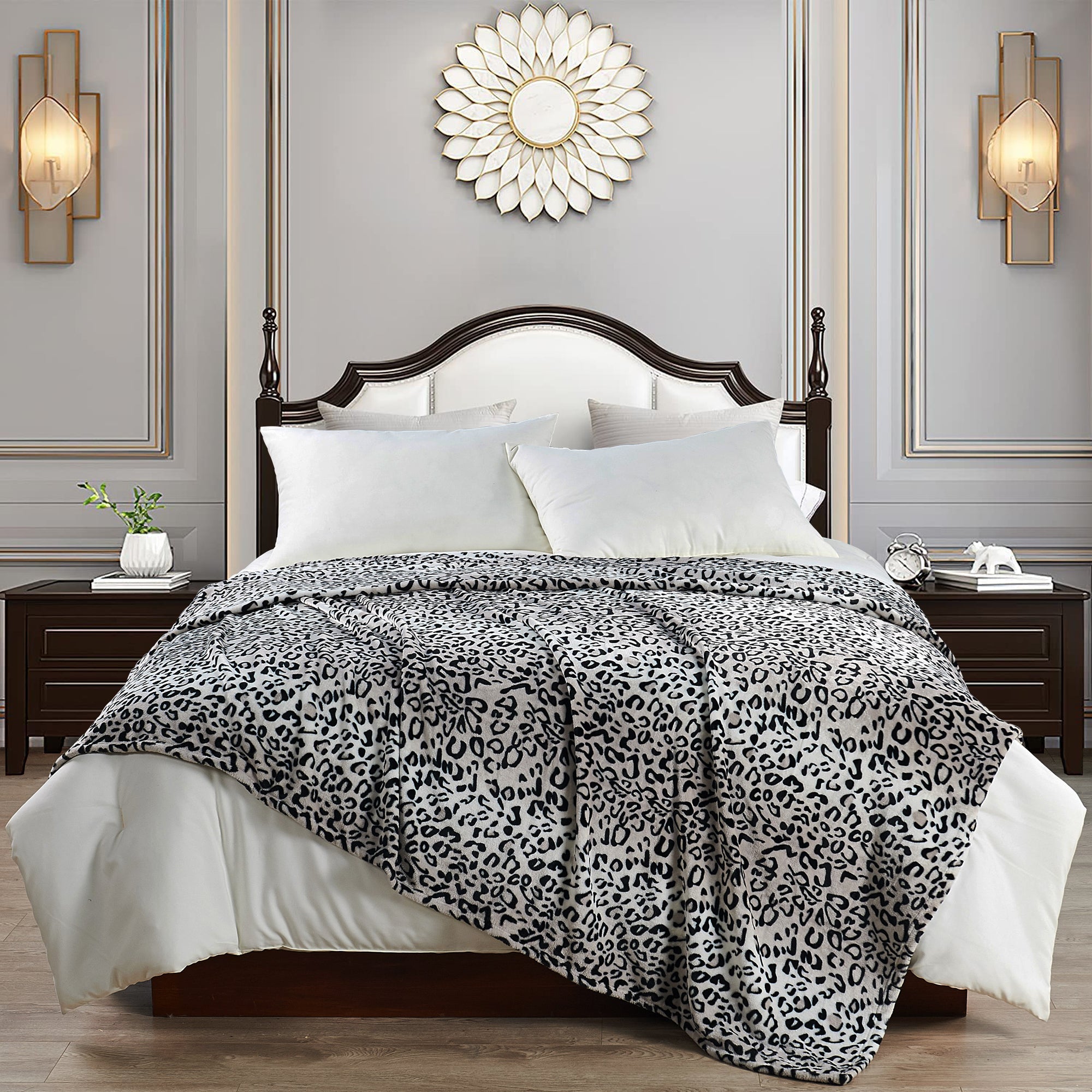 ANIMAL PRINT FLANNEL FLEECE BLANKET- BLACK AND WHITE LEOPARD