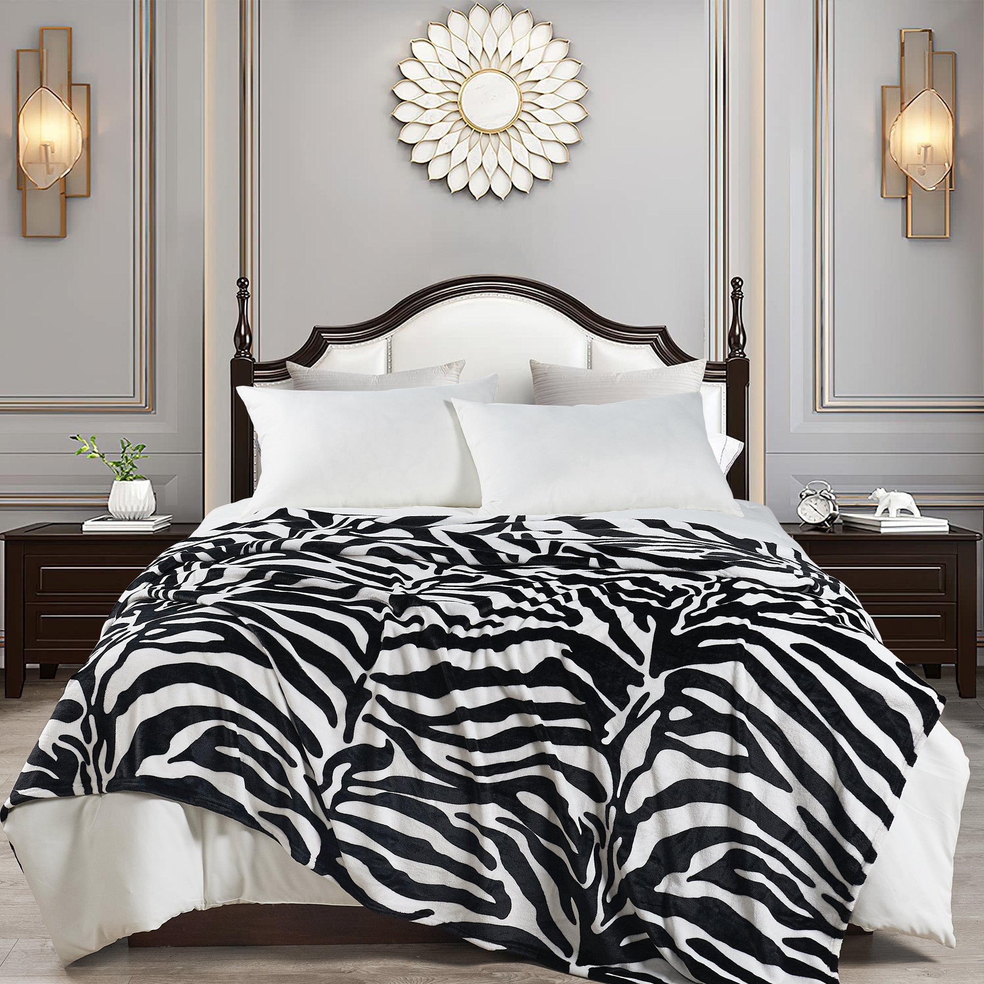 ANIMAL PRINT FLANNEL FLEECE BLANKET- BLACK AND WHITE ZEBRA