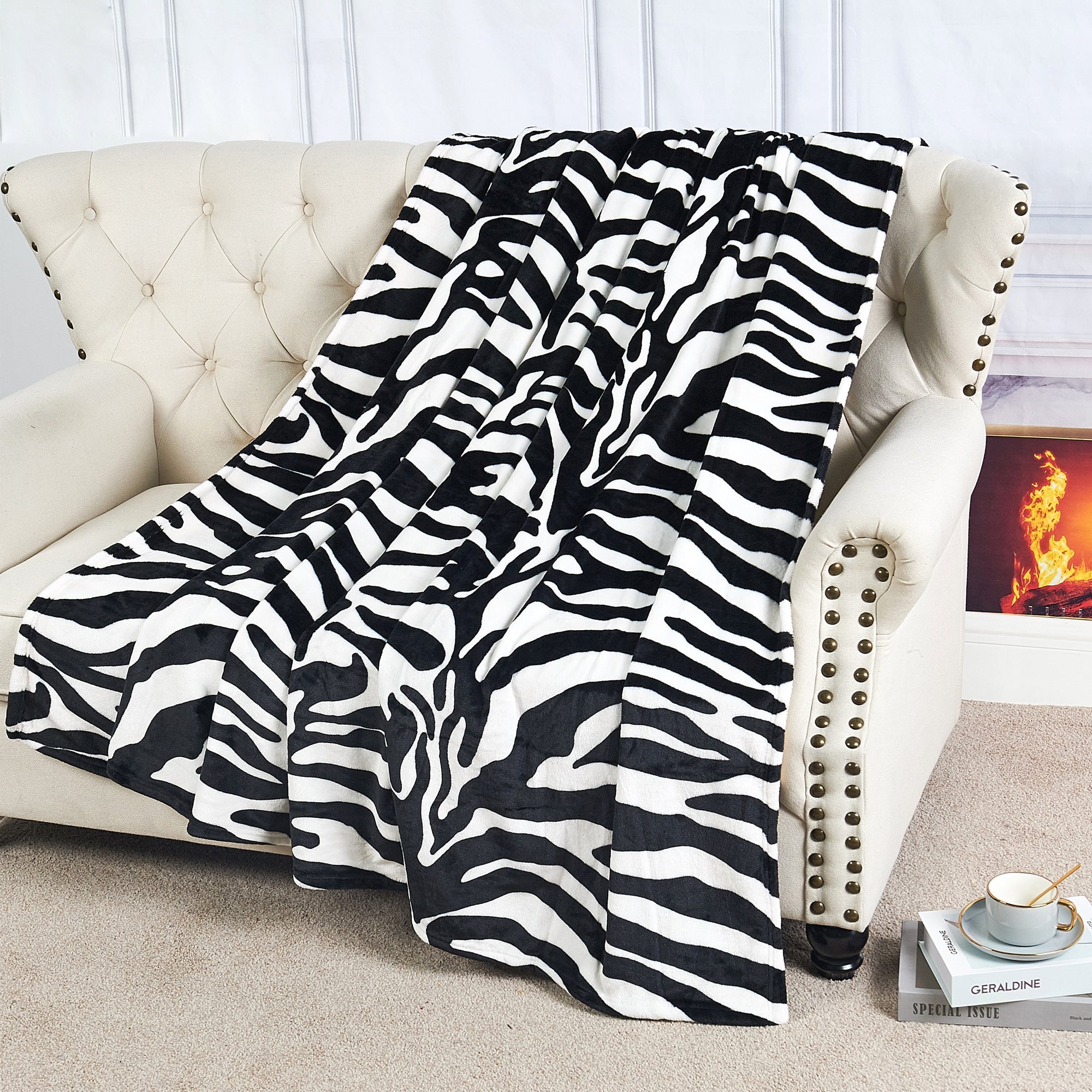 ANIMAL PRINT FLANNEL FLEECE BLANKET- BLACK AND WHITE ZEBRA